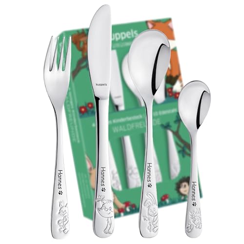 Kuppels-Kinderbesteck Waldfreunde mit Gravur 4-teilig Namensgravur, individualisiert Besteck Jungen-Mädchen Geburt-Taufe