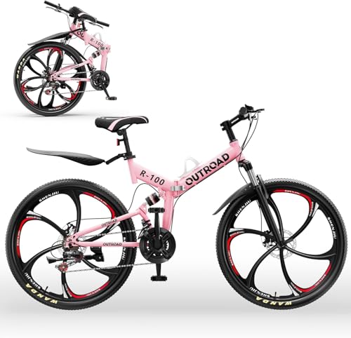 Omelaza 26 ich Folding Mountain Bike, 21 Speed High Carbon Steel Mountain Bike for Adults with 31 Inches Durable Tires, Front Suspension Folding Bicycle for Women and Man