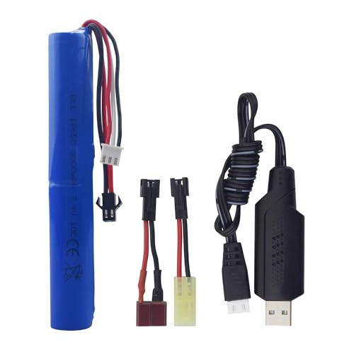 7.4V 2S 10C SM-2P Plug 3000mAh Battery and USB Charging Cable suitable for MP5K M4 M110 SRB1200 SRB400 SRB400-SUB Air Gun Gel Water Droplet Explosion Toy Gun Remote Control Car