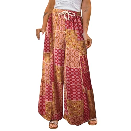 Generisch Pantalones de verano para mujer, hippie, pantalones largos, holgados, pierna ancha, pantalones de yoga, elegantes, bohemios, flores, cintura alta, pantalones anchos, pantalones palazzo