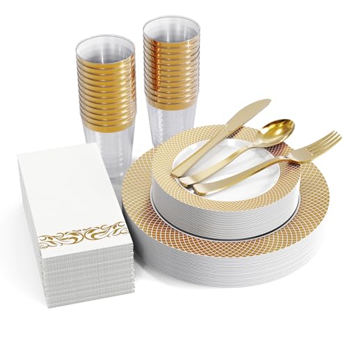 FOCUSLINE 175 Count Gold Dinnerware Set for 25 Guests -