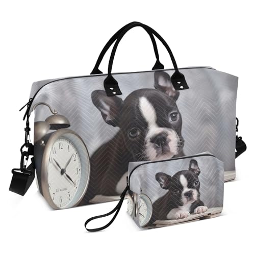 Large Travel Duffel Bag, Bulldog Puppy Clock Books Sport Tote Gym Bag, Shoulder Weekender Overnight Bag for Women Men, Carry On Luggage with Toiletry Bag