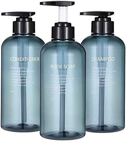 Shampoo and Conditioner Dispenser Bottles-3pcs 16.9oz Plastic Empty Refillable Pump Lotion Bottle Containers Set for Guest Bathroom Shower Body Wash, Reusable Cosmetic Labeled Bottles, Blue