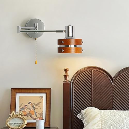 Lámpara de pared E27 vintage madera y plata con brazo plegable decorativo 6