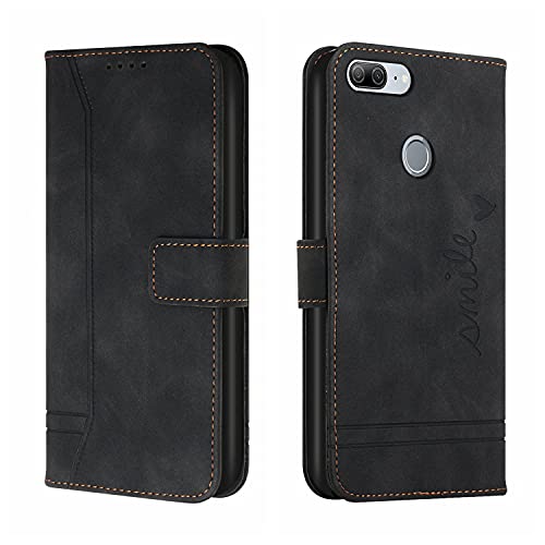 Huawei P Smart 2018 / Huawei Enjoy 7S Phone Case Huawei P Smart 2018 Cover Cute Smile Retro PU Leather Flip Notebook Wallet Case Magnetic Stand Card Slot Case for Huawei P Smart 2018, HX Smile Black