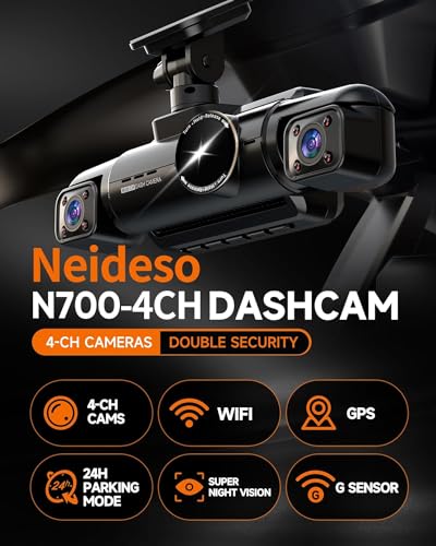 Neideso 360° Dash Cam Front, Rear and Inside, 4 Channel 3K+3*1080P, 5GHz Wi-Fi GPS, Voice Control, 4K+1080P*2 Dash Camera for Cars, CPL Filter, Free 64GB SD Card, Night Vision, 24H Parking Mode(N700)