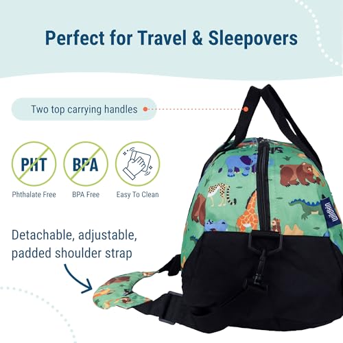 Image of Wildkin Kids Overnighter Duffel Bag - Carry-On Travel Bag for School & Sleepovers, Lightweight, Durable, Boys & Girls Ages 4-15 - Wild Animals