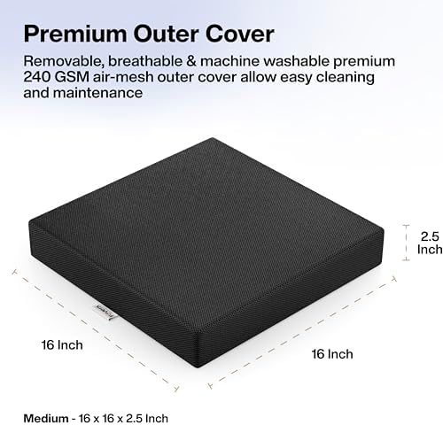 FOVERA Tri-Foam Seat Cushion for Chair - for Office & Home Chair & Car Seat - for Lower Back Pain & Seat Bone Support for Comfortable Sitting (M - 16 x16 x 2.5 Inch, Mesh Black)