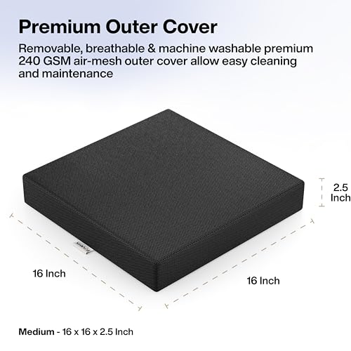 FOVERA Tri-Foam Seat Cushion for Chair - for Office & Home Chair & Car Seat - for Lower Back Pain & Seat Bone Support for Comfortable Sitting (M - 16 x16 x 2.5 Inch, Mesh Black)