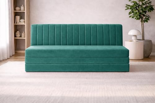 Image of Rosebell 5x6-Three Seater Upholstered Armless Sofa Cum Bed with Backrest | Soft Velvet Fabric Finish | Modern Living Room & Bedroom -Green-Color