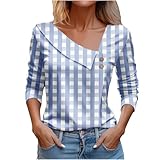 Women Tops Spring Long Sleeve V Neck Loose Shirts Plaid Print Asymmetric Button Blouses Business Casual Tunic Blue