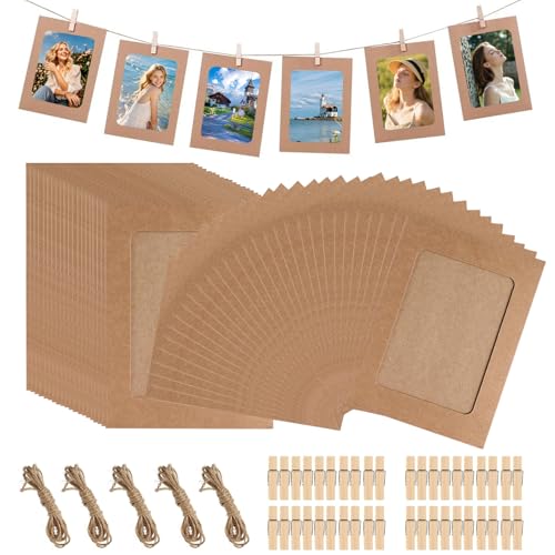 Fotogirlande 50 Stück Fotoleine mit Klammern 10x15 cm DIY Papier Bilderrahmen Braun mit 50 Stück Holzklammern 5 Stück Hanfseil 6 Zoll Fotorahmen aus Pappe für DIY Geburtstag Hochzeit Party Wand