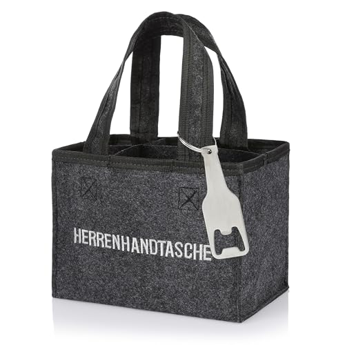 Nordstern Herrenhandtasche Filz Flaschentasche - Trendiger Bierträger für 6 Flaschen - Grau mit Trennwänden - Faltbar - 20x13x15 cm (Getränketasche mit Flaschenöffner)