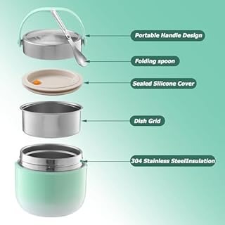 BUCOMTU Thermos per Alimenti 1200 ml Contenitore Termico per Alimenti con Cucchiaio Pieghevole Porta Pappa Termico per conservare zuppe, porridge,Riso (Verde)