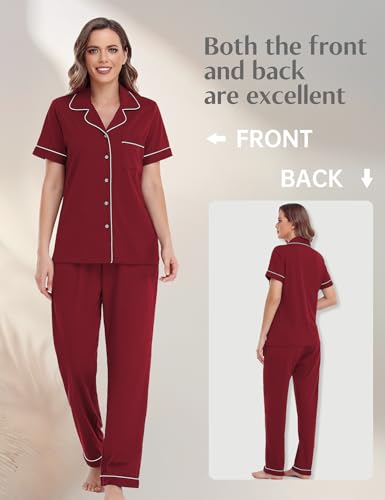 Image of COLORFULLEAF Women's 100% Cotton Pajamas Set Button Down Sleepwear Short Sleeve Shirt and Long Pants Soft Ladies Lounge Sets