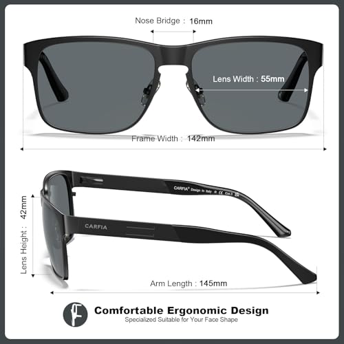 CARFIA Wide Spring Flexible Mens Sunglasses Polarized UV400 Classic Driving Metal Glasses CA52292