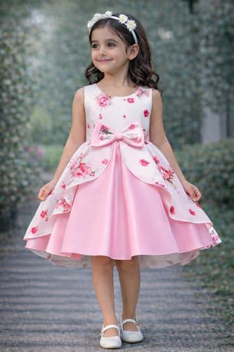 Image of Buy & Try Girl's Satin Floral Printed Frock Knee Length Short Frocks Dress.