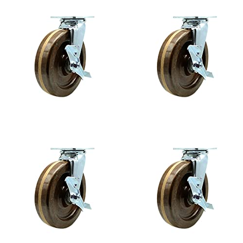 High Temperature Phenolic Swivel Top Plate Casters Set of 4 Heavy Duty with 8 Inch Wheels-Includes 4 Swivel with Top Lock Brakes and Bolt on Swivel Locks–5,000 lbs. Total Capacity-Service Caster Brand