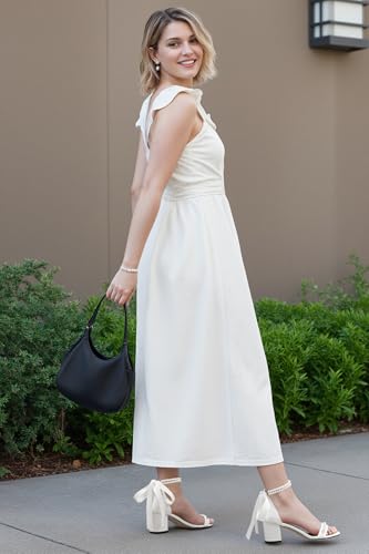 Saekcted Womens Chunky Block Heel Round Open Toe Sandals Bridal Shoes Ankle Strap Lace-up Pearls Wedding Cute Satin 2.6 Inches Heels3