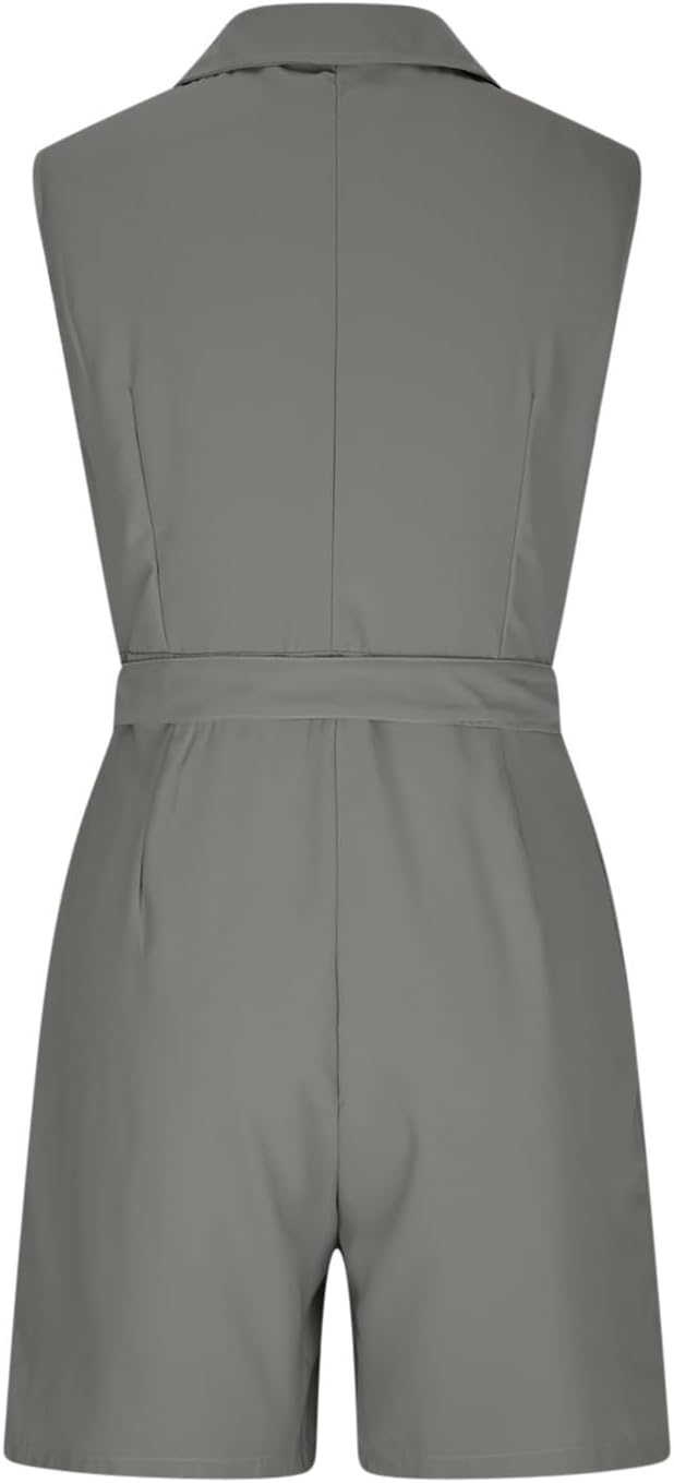 Women's Shirt Sleeveless Turndown Collar Rompers Jumpsuits with Pockets | Summer Casual Office Belt Fashion Short Onesie