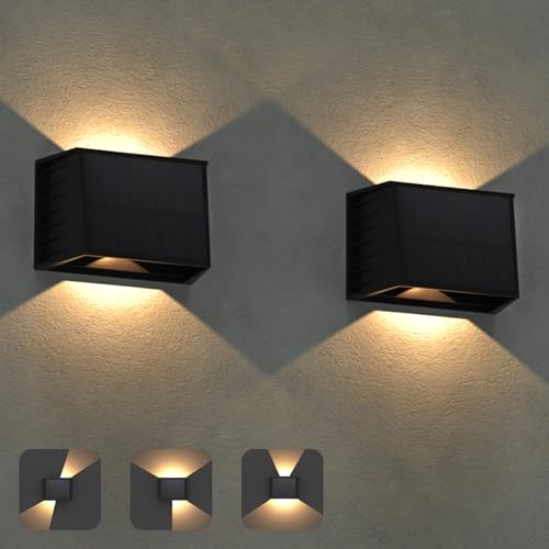 ILIKEPOW LED Wandleuchten für Außen, Solar Wandlampe Aussen mit 240° Abstrahlwinke Lichtwinkel, IP65 Wasserdichte LED Außenwandleuchte für Wand Zaun Garten Stufen (3000K, 2 Stück)