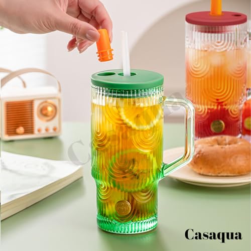 Image of Glass Tumbler with Handle, Lid & Straw - 620ml, Set of 1, Reusable Drinking Cup, Leak-Resistant Sipper Mug for Iced Coffee, Water, Juice, Smoothies, Bubble Tea, Home, Office & Travel