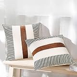 JASEN Set of 2 Farmhouse Stripe Patchwork Linen Throw Pillow Covers, Brown Faux Leather Modern Decor