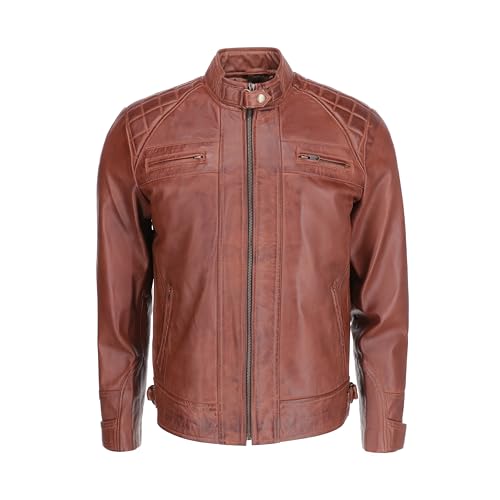 Image of TLC Mens Leather Jacket | Sheepskin Quilted Shoulders Bold Biker Cafe Racer Style Leather Jacket Men