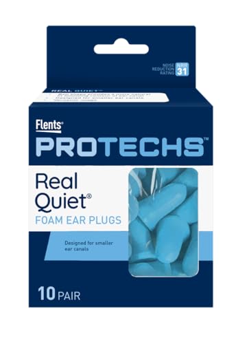 Flents Protechs Real Quiet Foam Ear Plugs for Small Ear Canals Soft Comfortable Hearing Protection for Sleep Work Travel & Loud Noise NRR 31 Easy to Use Blue 10 Pairs