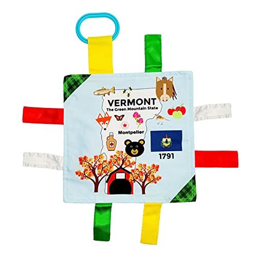 Baby Jack & Co 8x8” Learning Lovey Tag Toys for Babies - Baby Crinkle Toys - Crinkle Toys for Baby - Soft & Safe - Learn USA State Facts - Ideal Baby Toy BPA Free w/Stroller Clip (Vermont)