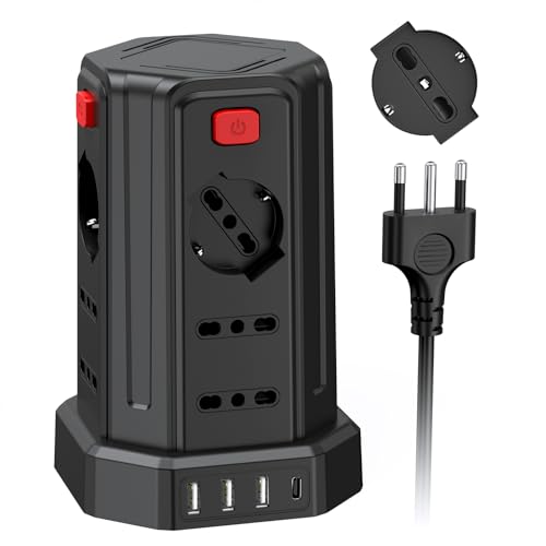 Ciabatta Elettrica Multipresa 3M con 12 Prese Universali 10/16A（4000W) ITA e Schuko e 3 USB A+1 USB C protezione Sovratensione con 4 interruttori indipendenti, Nero