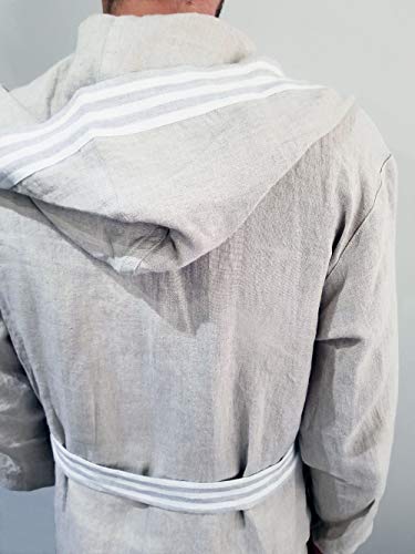 Pure Linen Hooded Bathrobe, Moisture Wicking & Lightweight, Natural Grey, S/M3
