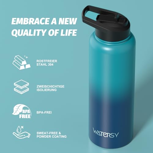 WATERSY Isolierte Edelstahl Thermosflasche 40oz Vakuumisolierte Trinkflasche mit 2 Deckel Auslaufsichere Wasserflasche 1200 ml Doppelwand… – Ansicht 5