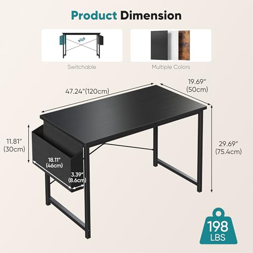 Image of OLIXIS Computer Desk, 47 Inch Gaming Desks for Home Office Small Spaces | Writing Study Craft Work Table, Computer Workstation for Bedroom with Storage Bag, Black