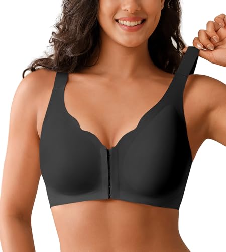 Posture Bras for Women Front Closure Push Up Bra No Underwire Back Support Bra Full Coverage Comfort Bralettes(Black,XXXL)