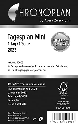 Chronoplan 50603 Kalendereinlage 2023, Tagesplan im Mini Format (79x125 mm), Ersatzkalendarium, ideal für detaillierte Tagesplanung, Multilochung (1 Tag auf 1 Seite), weiß