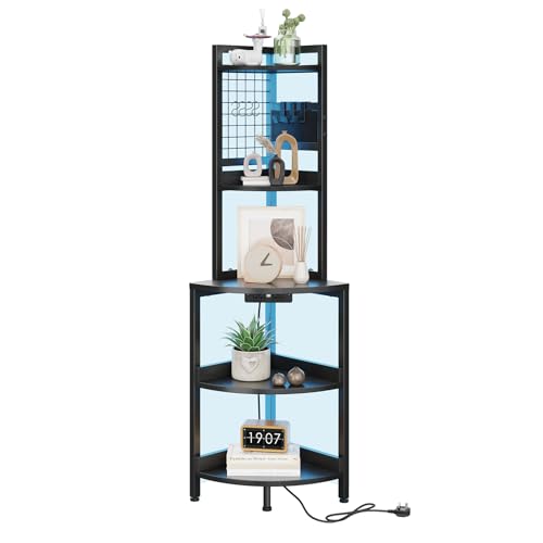Dripex 152cm Tall Corner Shelf with Power Outlets & Strip Lights, 5 Tier Corner Corner Ladder Shelf, Freestanding Industrial Corner Bookshelf Plant Stand for Small Spaces