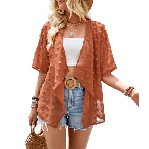 Atxnn Cárdigans Kimono Mujer Chaqueta de Verano Ropa de Baño Suelta Playa Bikini Cover Up de Media Manga Camisolas Casual, Caramelo M