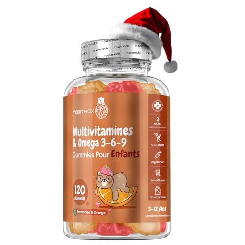 Multivitamines & Minéraux avec Oméga 3 6 9-120 Gummies Enfants Origine Naturelle (+ 3 Ans) - 17 Nutriments: Vitamine C, D, B12, B6, A & Zinc - Immunité, Croissance, Os - Goût Framboise & Orange
