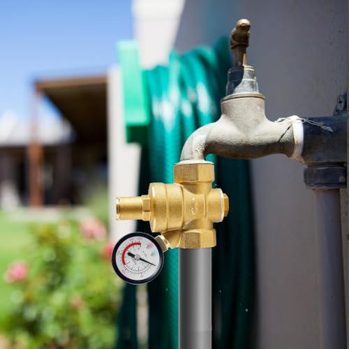 Riisoyu Druckminderer Wasser 1/2 Zoll DN15 mit Manometer, Hergestellt aus 100% Hohe Härte Messing Wasserdruckminderer mit Einstellwerkzeugen Einstellbarer Wasserdruckregler Druckreduzierventil