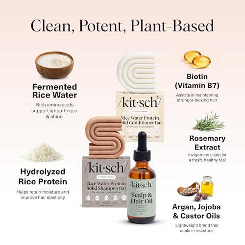 Image of Kitsch Rice Water Shampoo and Conditioner Set + Pre-Wash Scalp Serum with Rosemary and Biotin - Shampoo and Conditioner Bar for Hair Growth & Scalp Nourishment Hair Care - 3pc Set