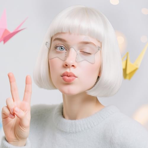 Image of ANOGOL White Bob Wig with Bangs Short White Wigs for Women Funny Costume | Hair Cap+ Sunglasses Short Neon Wig for Bachelorette Party Funny Wigs for Women Halloween Costume Night Club Crazy Hair Day