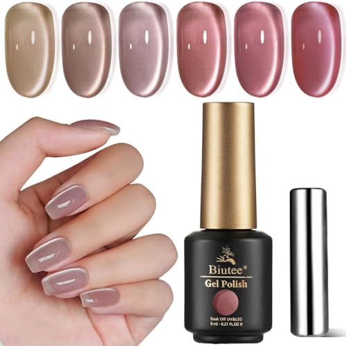 Biutee Esmalte en gel semipermanente Ojo de Gato - Rosa Nude Luz de luna Brillo Cat Magnético Eye Gel Polish Set con imán 6pcs