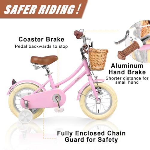 Image of Glerc Little Molly 12-20 Inch Kids Retro Cruiser Bike for 2-13 Year Old with Wicker Basket & Training Wheels /Kickstand, Multiple Colors