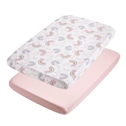 Image of TILLYOU Mini Crib Fitted Sheets - Soft Knit Sheet for Pack N Play, Microfiber Mini Crib Sheets, 38 x 24 Playpen Bedding Sheet for Baby 2 Pack, Machine Washable, Rainbow Star