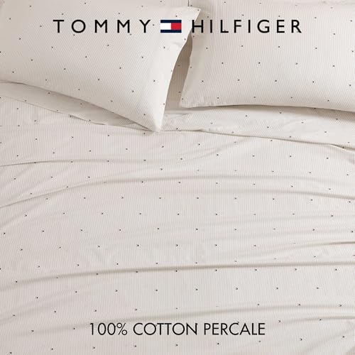 Image of TOMMY HILFIGER - Queen Size Sheets Set, Crisp & Tailored Sheets w /a Naturally Smooth Cotton Percale Lightweight Feel - Bed Sheets w /Matching Pillowcases & Fitted Sheet (Ithaca Flag Stripe Beige)