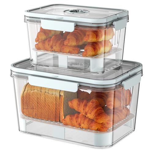 SISAYWEY Bread Box for Kitchen Countertop: 2 Pack Airtight Breadbox Food Storage Container, Portable Large Plastic Clear Container with Lid for Homemade Bread, Toast, Bagel, Donut, Cookies and Fruits