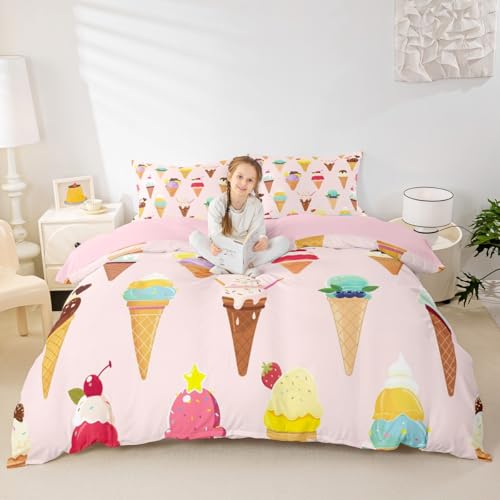 Ice Cream Comforter Cover Queen Pink Cool Bedding Set Children Favorite Duvet Cover for Boys Girls Bedspread Cover 3pcs (1 Duvet Cover +2 Pillowcases)