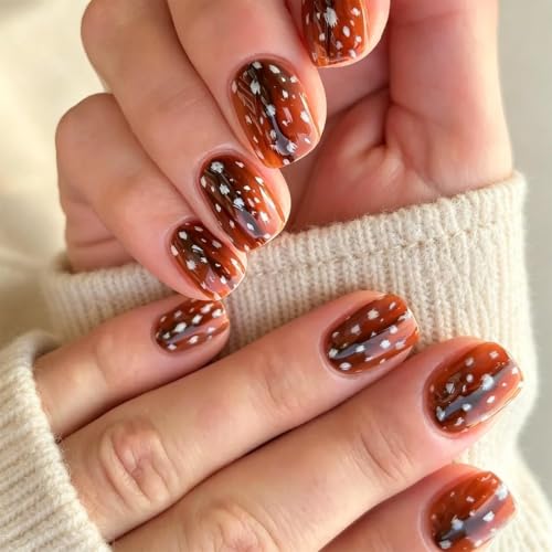 Fall Brown Press on Nails Short Square - Fawn Print