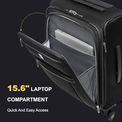 LEVEL8 Carry On Luggage Airline Approved with Compartment, Softside Expandable Rolling Suitcase with Spinner Wheels, Black, Carry-On 20-Inch